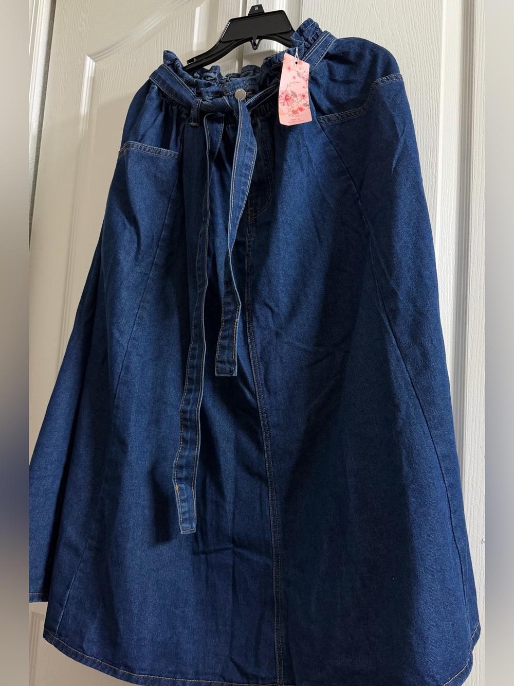 SHEIN Dark Blue Denim A-Line Midi Skirt with Paperbag Waist